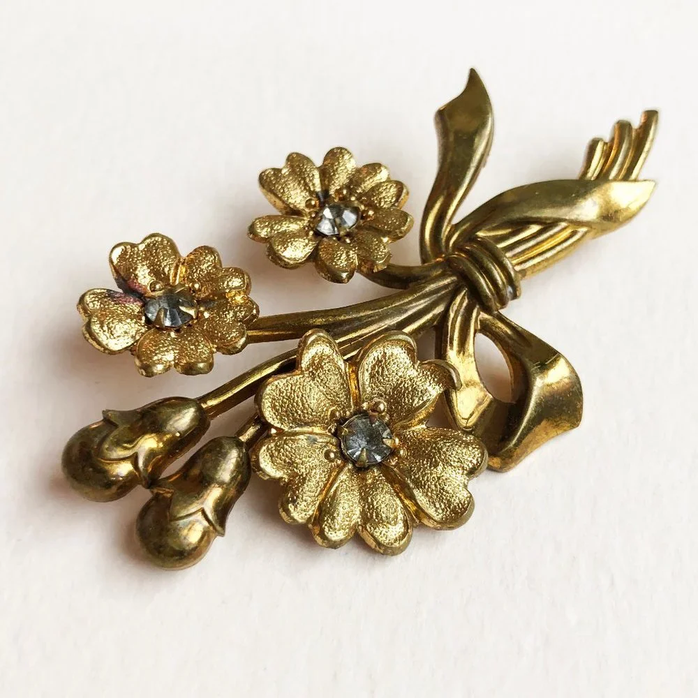 Vintage crystal flower brooch, floral rhinestone lapel pin